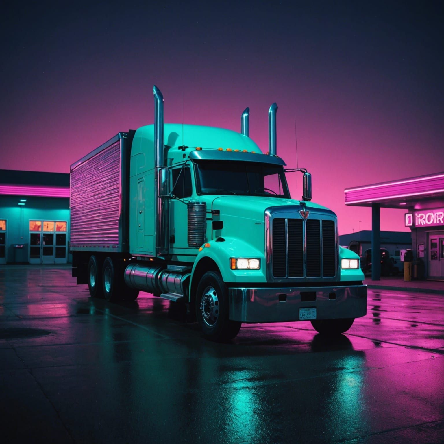 A semi truck parked at a truck stop synthwave neon retro synthwave neon retro synthwave neon retro Cinematic film still,...