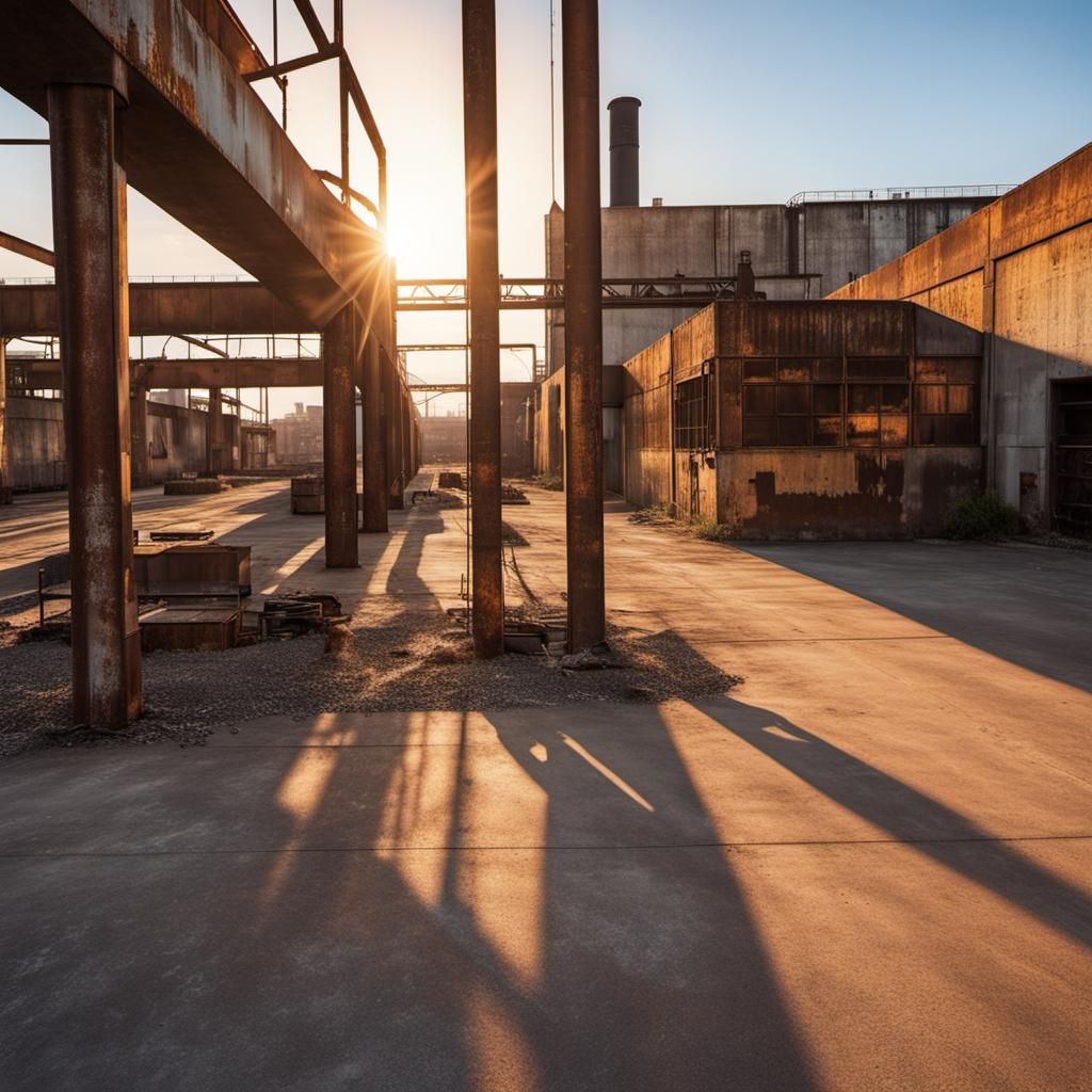 Photograph an industrial landscape during the golden hour, h...
