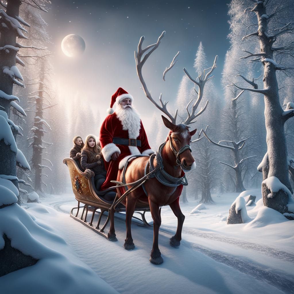 Father christmas on a sleigh in a winter wonderland