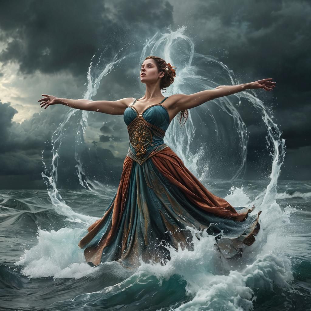 An Awe inspiring, over-detailed colored full length portrait of Epic-styled handsome mythical goddess her arms spread, s...