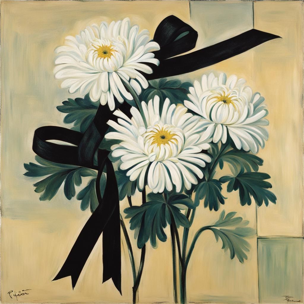 a white chrysanthemum tied with a black ribbon, picasso