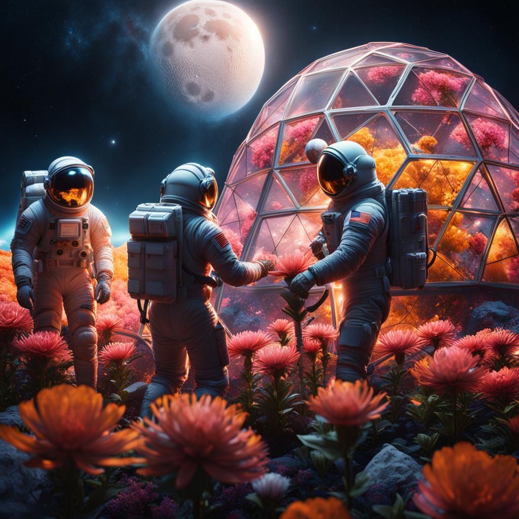 Three men in spacesuits tending to the flowers in a geodesic dome of atmosphere on the moon.
