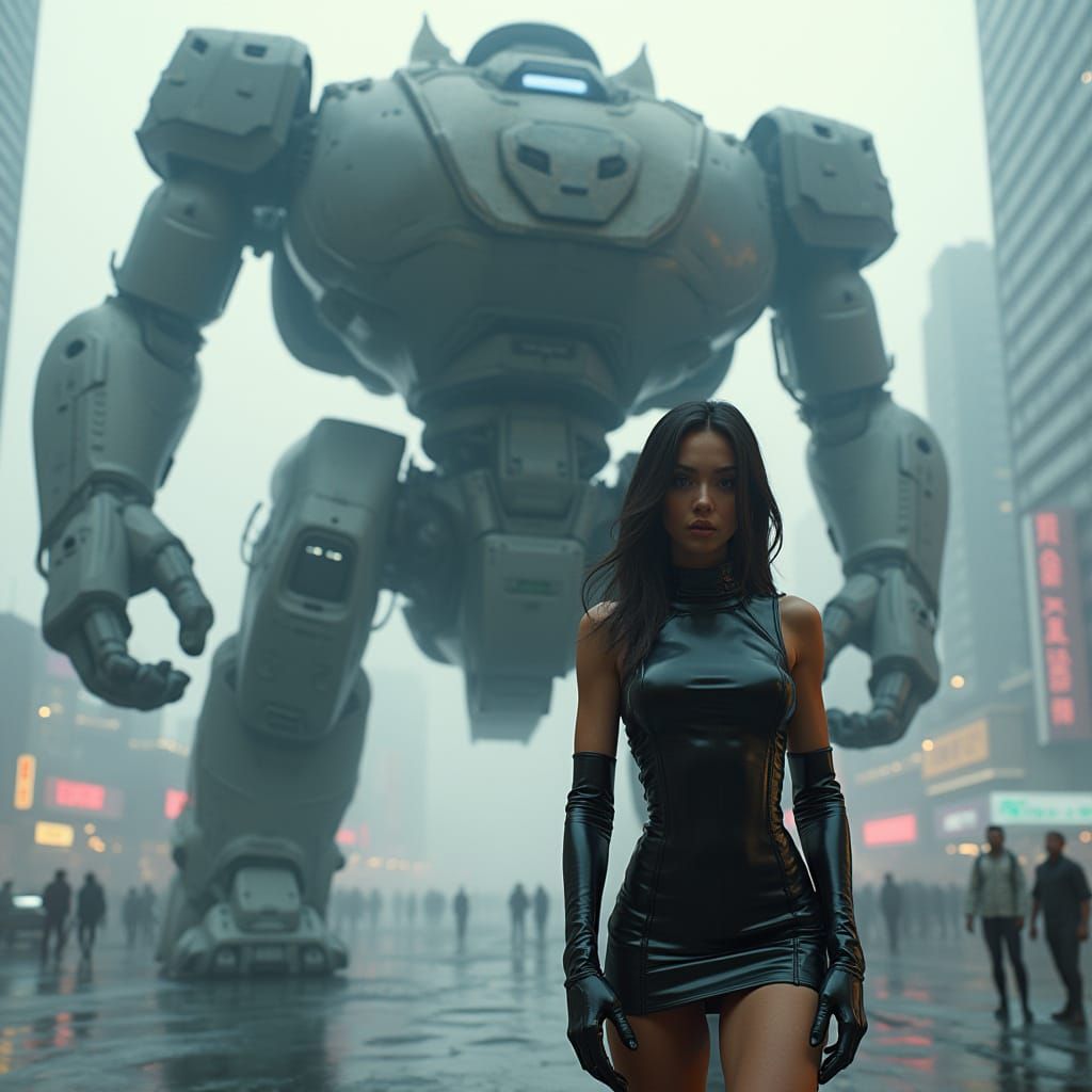 Full-body depiction of woman in latex dress, futuristic urban setting, enormous mechanized gundam, hazy cityscape, art platform, ultra-high ...