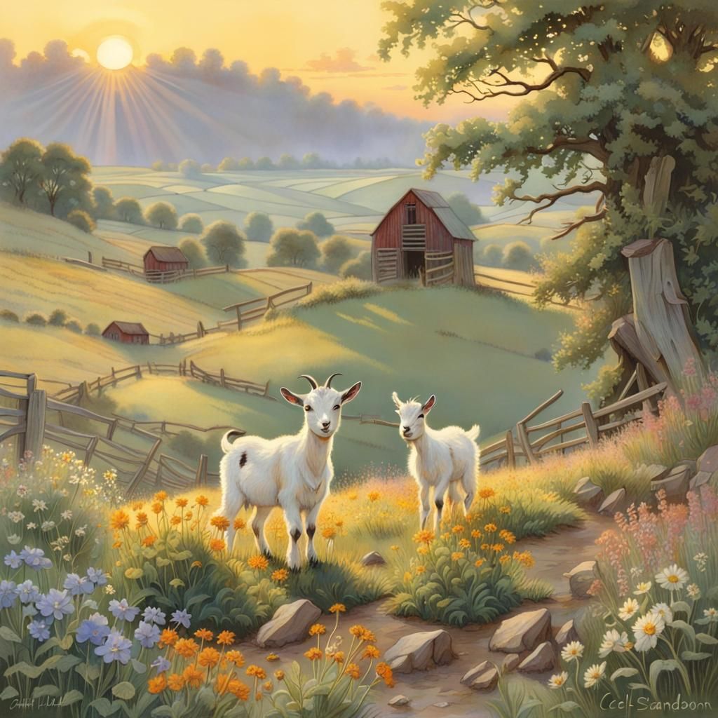 adorable baby goat, farm, brilliant sunrise, WILDFLOWERS, BE...