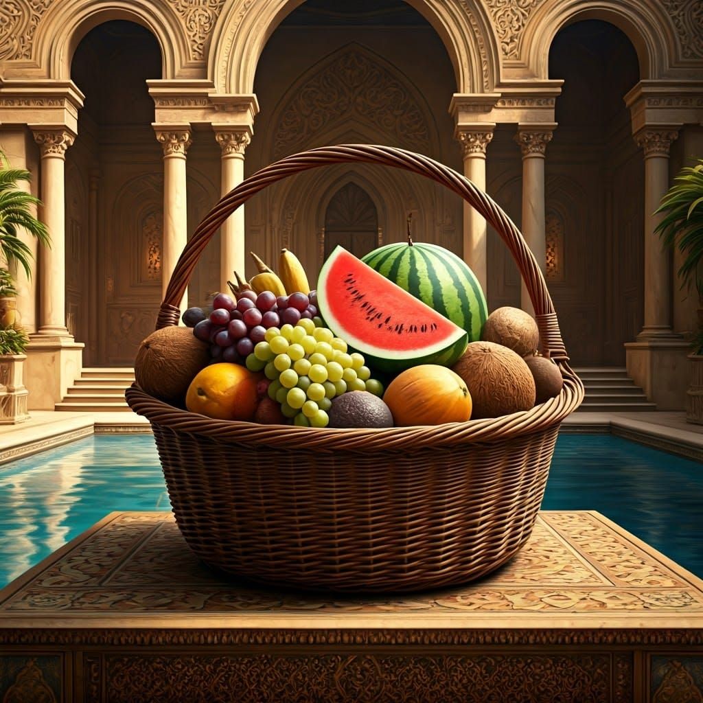 Majestic Wicker Basket Overflows with Vibrant Fruits in a Gr...
