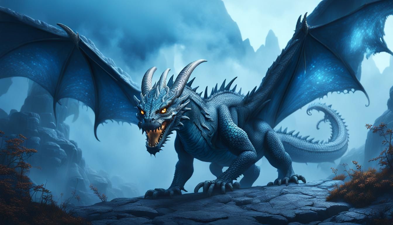 a dragon hiding behind a silvery blue fog. Only the glowing eyes are clearly visible detailed matte painting, deep color...