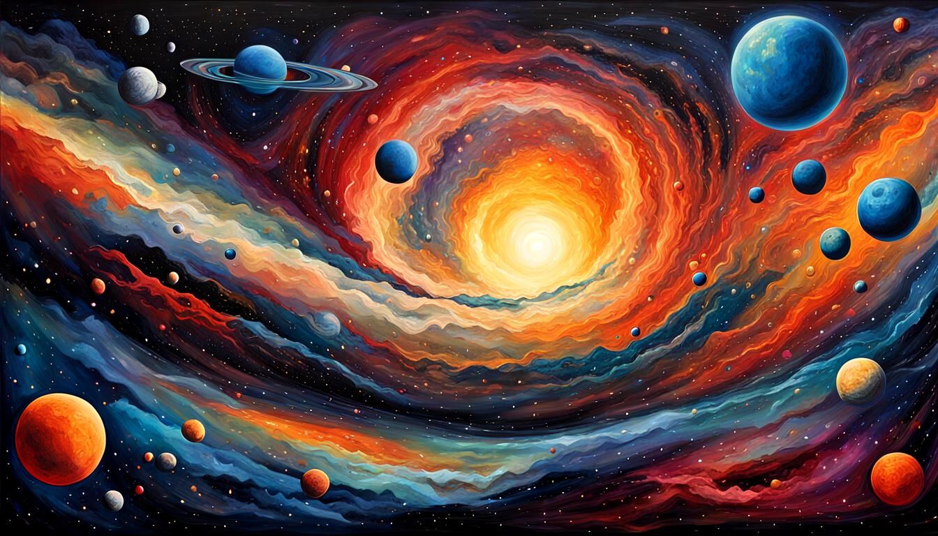 Artwork that conveys the sense of awe and wonder inspired by the vastness of the cosmos, using colors and compositions t...
