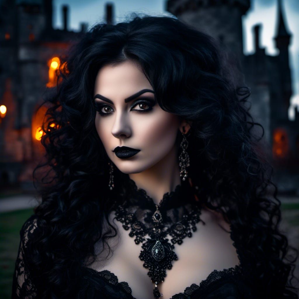 headshot of a beautiful alluring female goth vampiress, big wavy black hair, dark gothic castle in the background, night, illuminated <lora:...