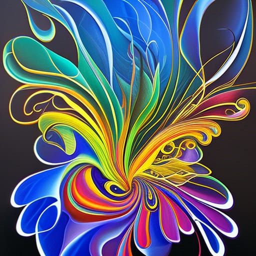 Fractal, Surrealist, Abstract, Calligraphy, Catalogues, Psychedelic, Fine detail, Oil on canvas, Deep triadic colors, Da...