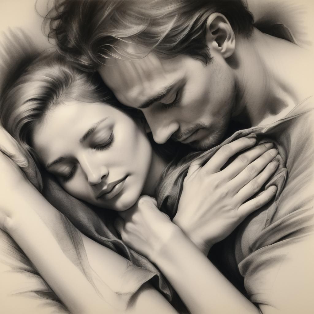 Wrapped in the warmth of his embrace and the comforting weight of the duvet, She drifts off to sleep, lulled by the soot...