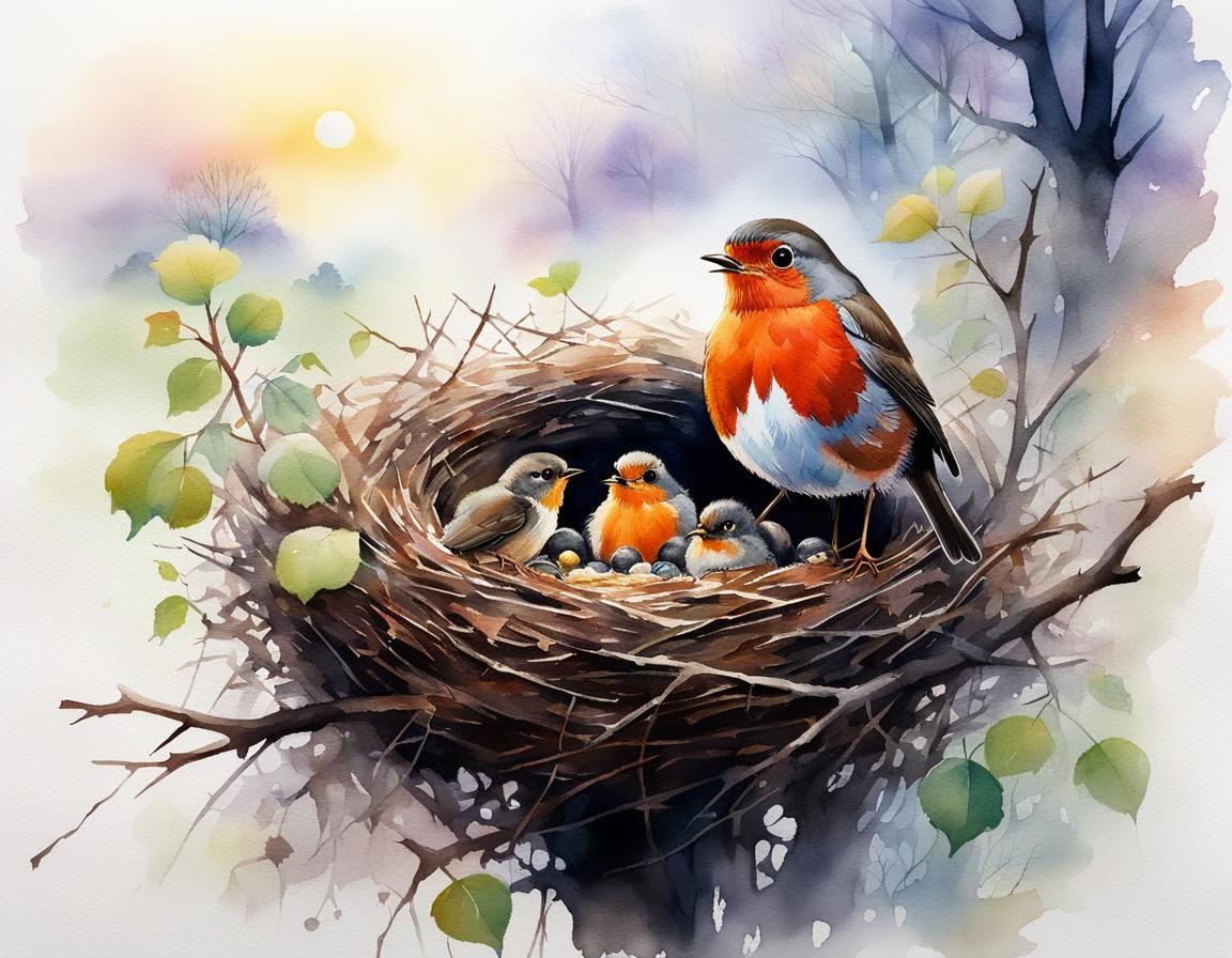 in the forefront of the painting, (a British robin in her ne...