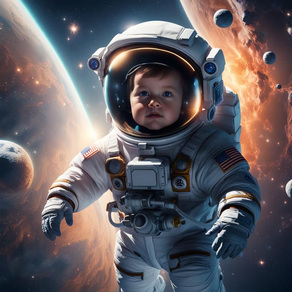 Toddler Astronaut Floating in Space: Fantasy Concept Art