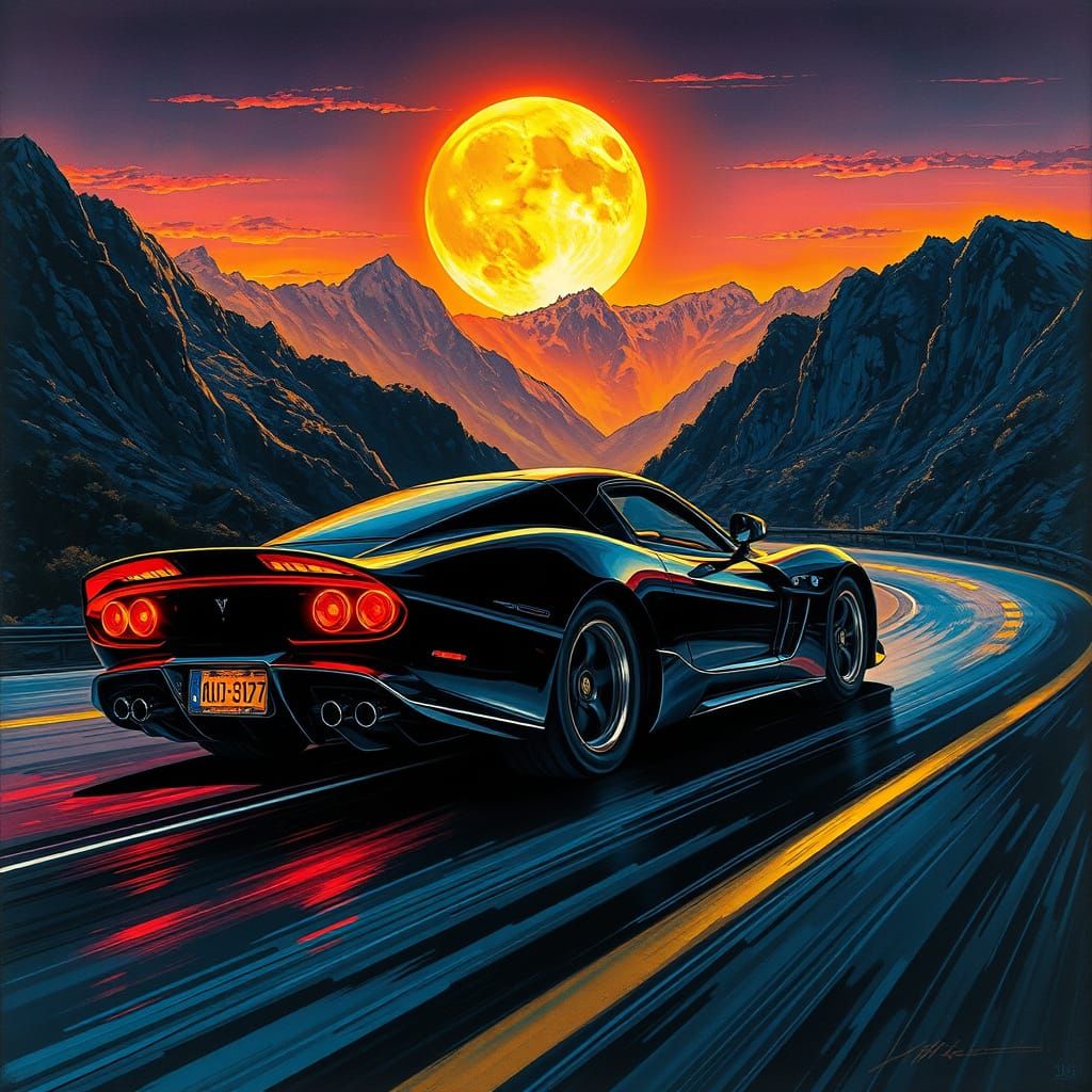 Splash art. Extreme close-up shot. sleek black car with chrome diving on a mountain road under a full ...  by @Ed Evans