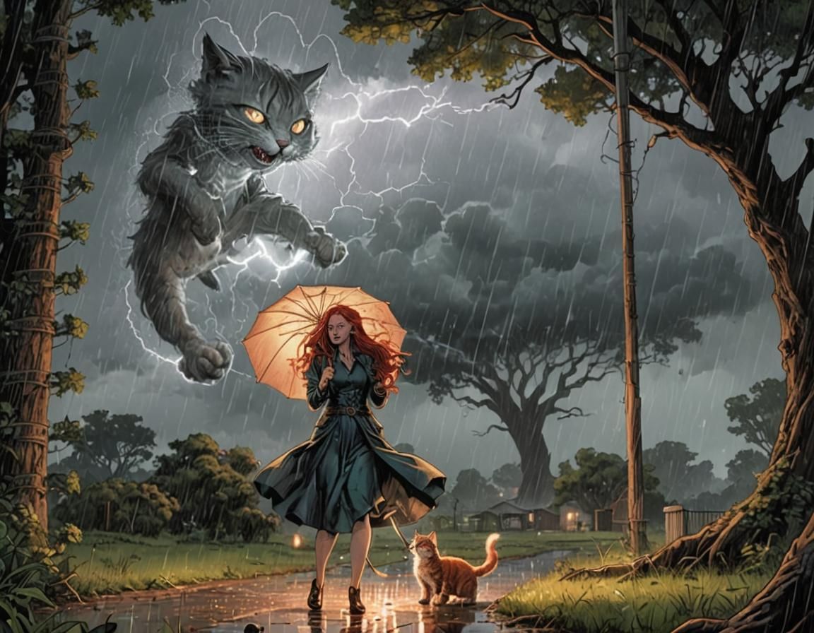 Woman with long red hair In the rain  under a dark cloud get...
