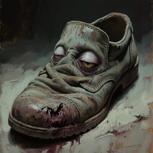  "a worn shoe showing a sleepy expression",  shoe with eyes. insanely detailed matte painting with rough paint strokes and textures, by Pino...