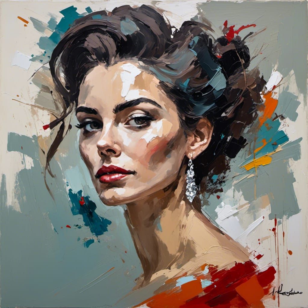 A head and shoulders portrait of a gorgeous woman with diamond earrings and an updo <lora:Lyrical abstraction:1.0> 