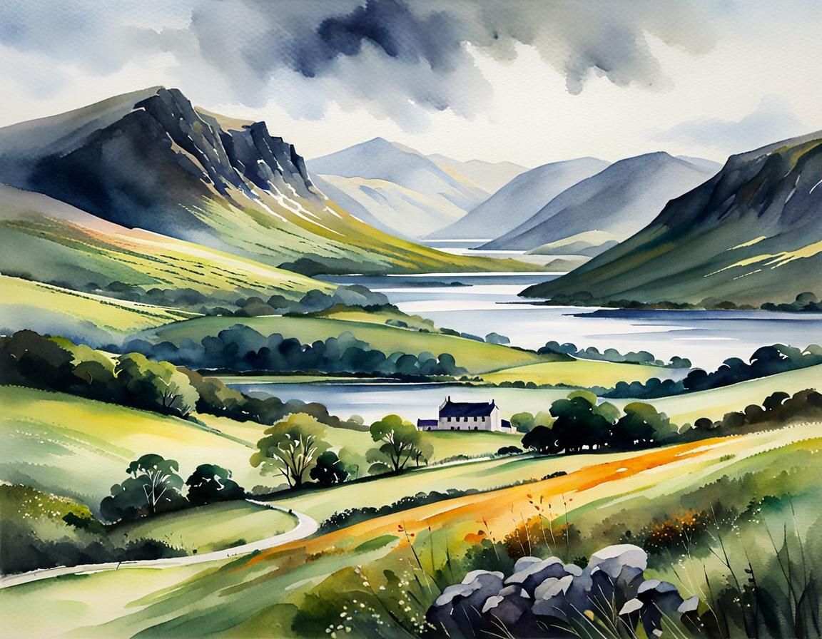 Scottish Highlands Landscape in Watercolor and Oil
