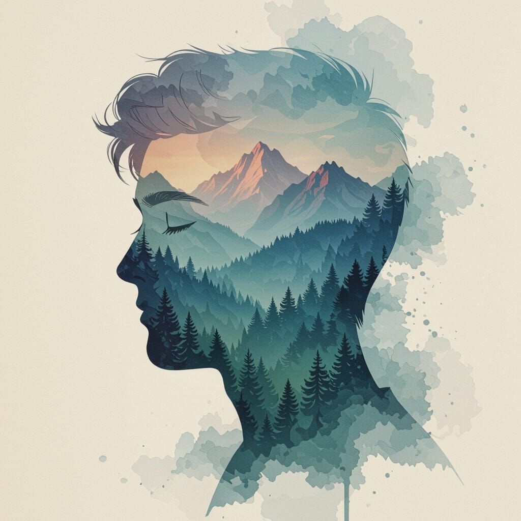 Dreamlike Portrait: Man and Mountain Landscape