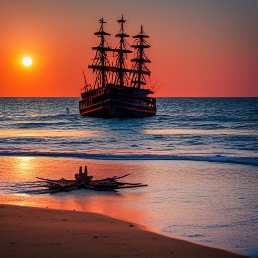 A beached pirate ship in the sunset undefined
