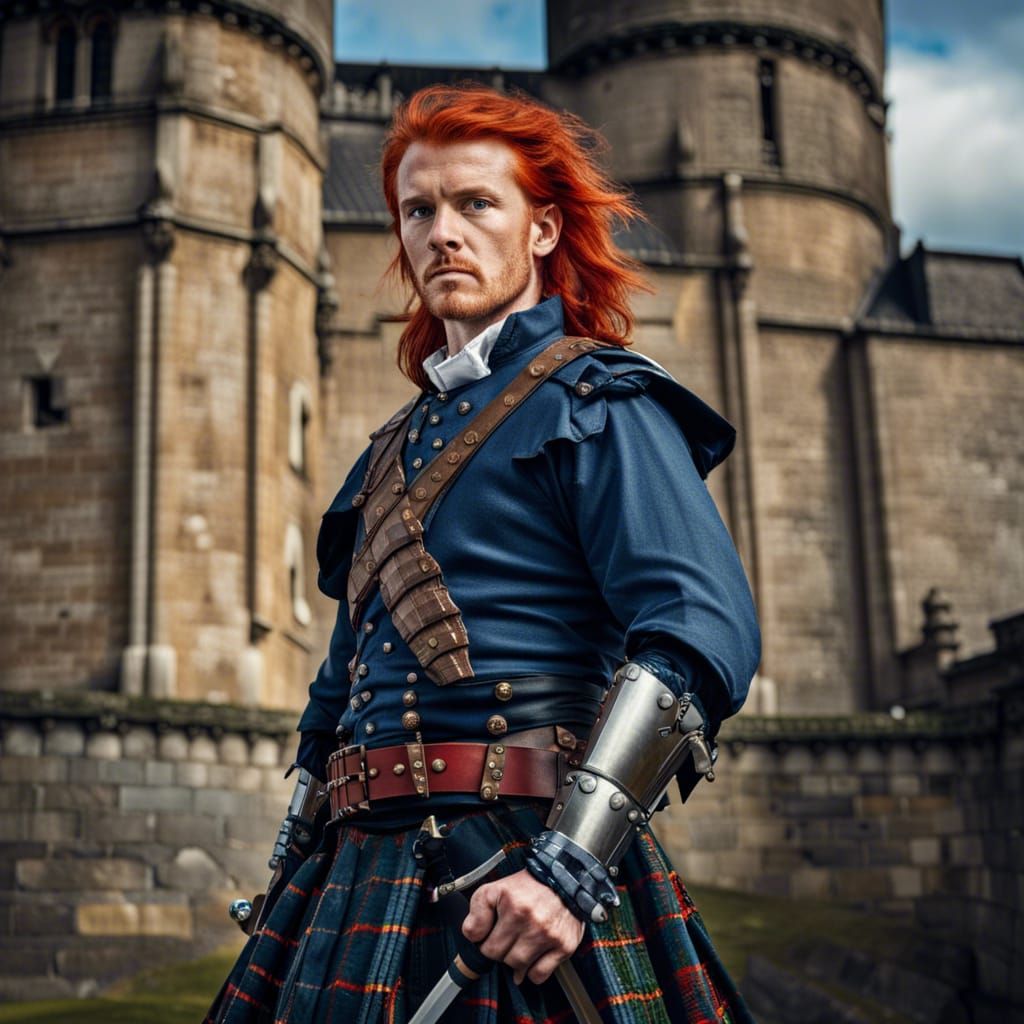 Red haired Swashbuckler wearing a blue tartan kilt  and leather armor standing  in front of a Scottish castle wielding t...