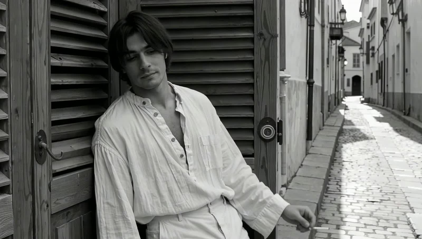 "another one"

 A photorealistic, medium shot, black and white portrait presents a young Caucasian man, late teens, earl...