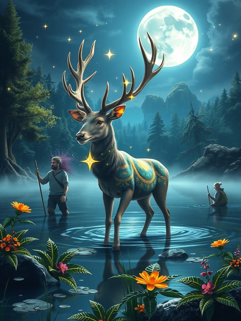 A dreamlike image of a gleaming stag standing in a moonlit lake, stars twinkling in its antlers. This majestic stag leads travelers through ...