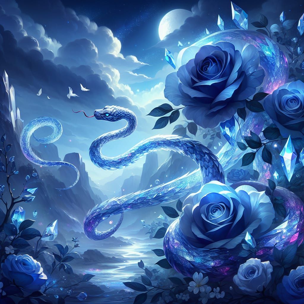 "A Crystal Snake Near Blue Glittering Roses"