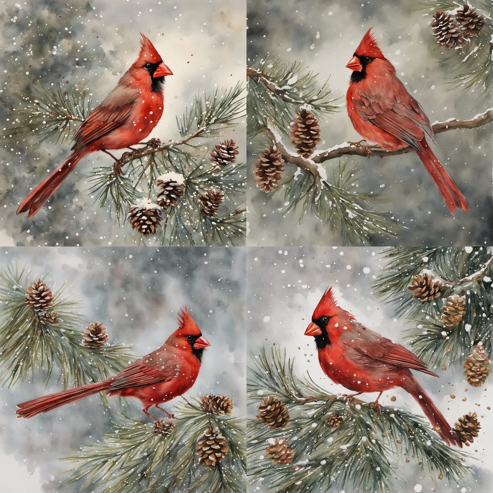 Long feathered Male cardinal. Pine tree. Pine cones. Watercolor. Gold ...