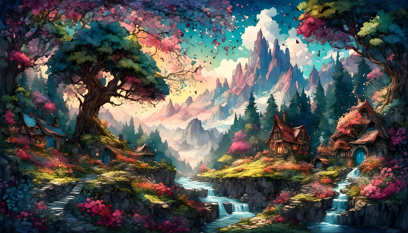 <lora:Pink Snow WaterCol 1:1.0> Fantasy fairy house, river, flowers, tree, mountains