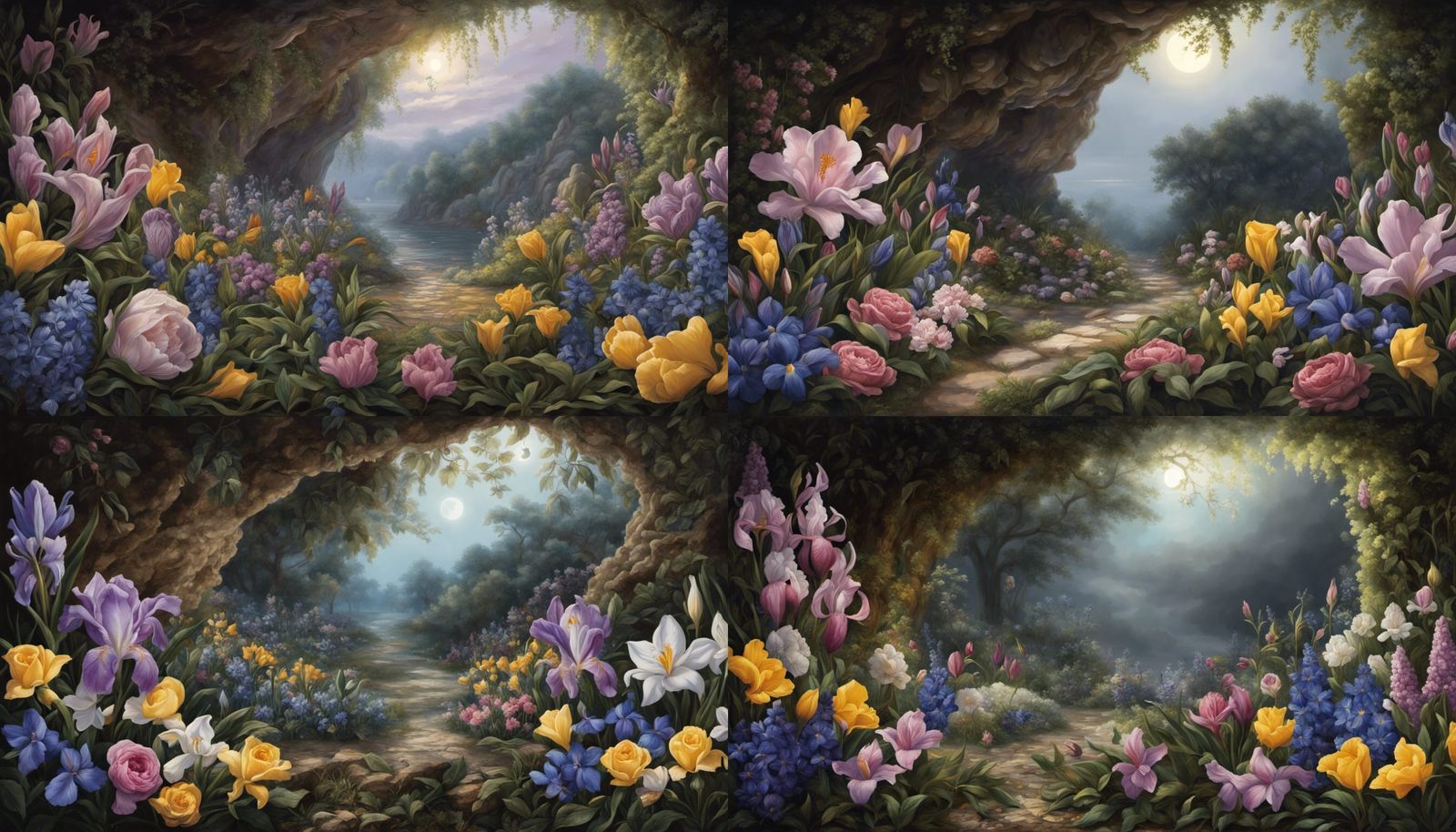 Colourful flowers grow at night under overhanging branches of laurel