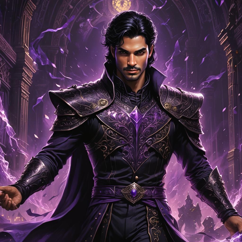 "A prince dressed in black. Incredibly handsome and unbelievably strong. He dominates the purple lights on the dark purp...