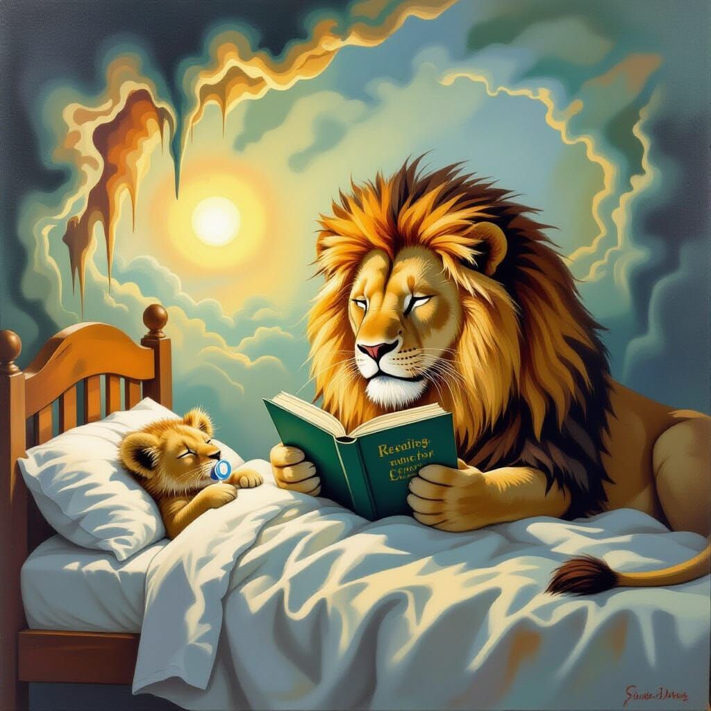 Surrealist Lion Reads to Cub in Dali-Inspired Nursery