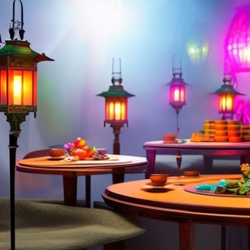 Table with food on it, and colorful lanterns