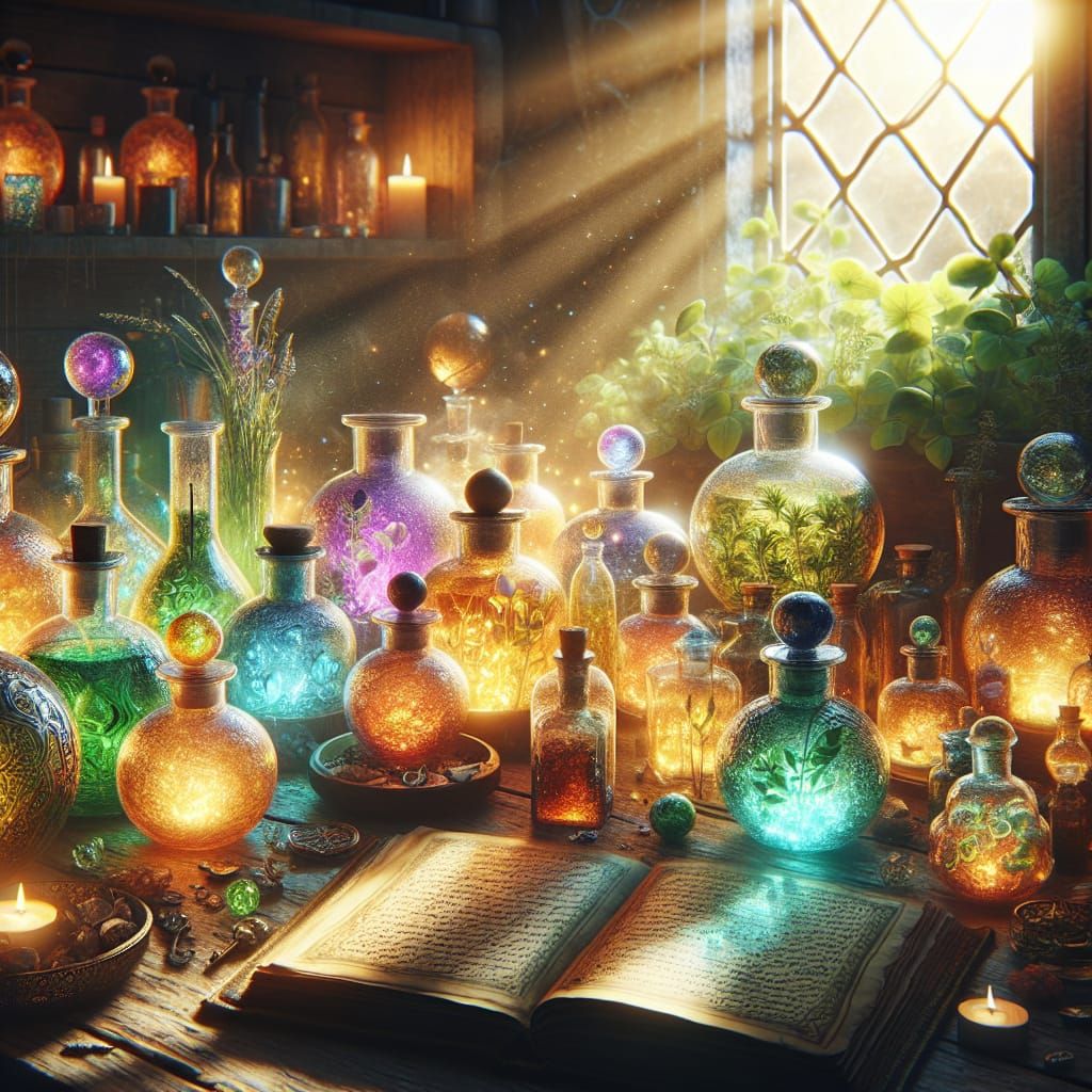 beautiful alchemy apothecary, brightly illuminated blown glass bottles, glowing colorful oils, fresh ...  by @whiterose