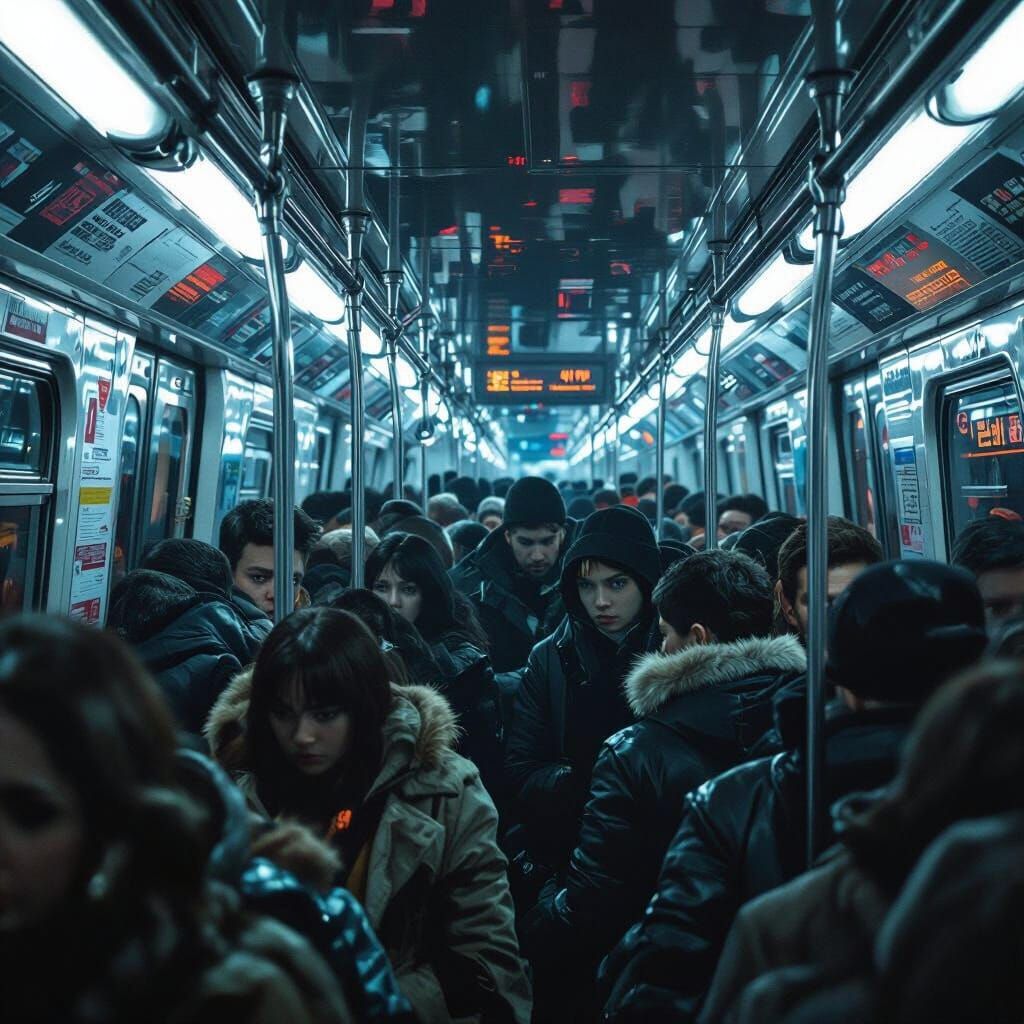 Crowded Subway Car in Cyberpunk Style