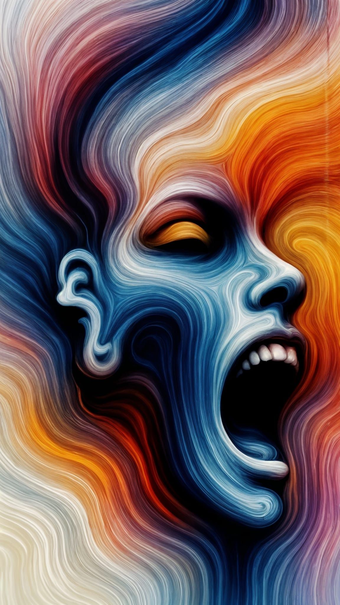 Abstract Expressionist Screaming Face in Triadic Paint Splas...