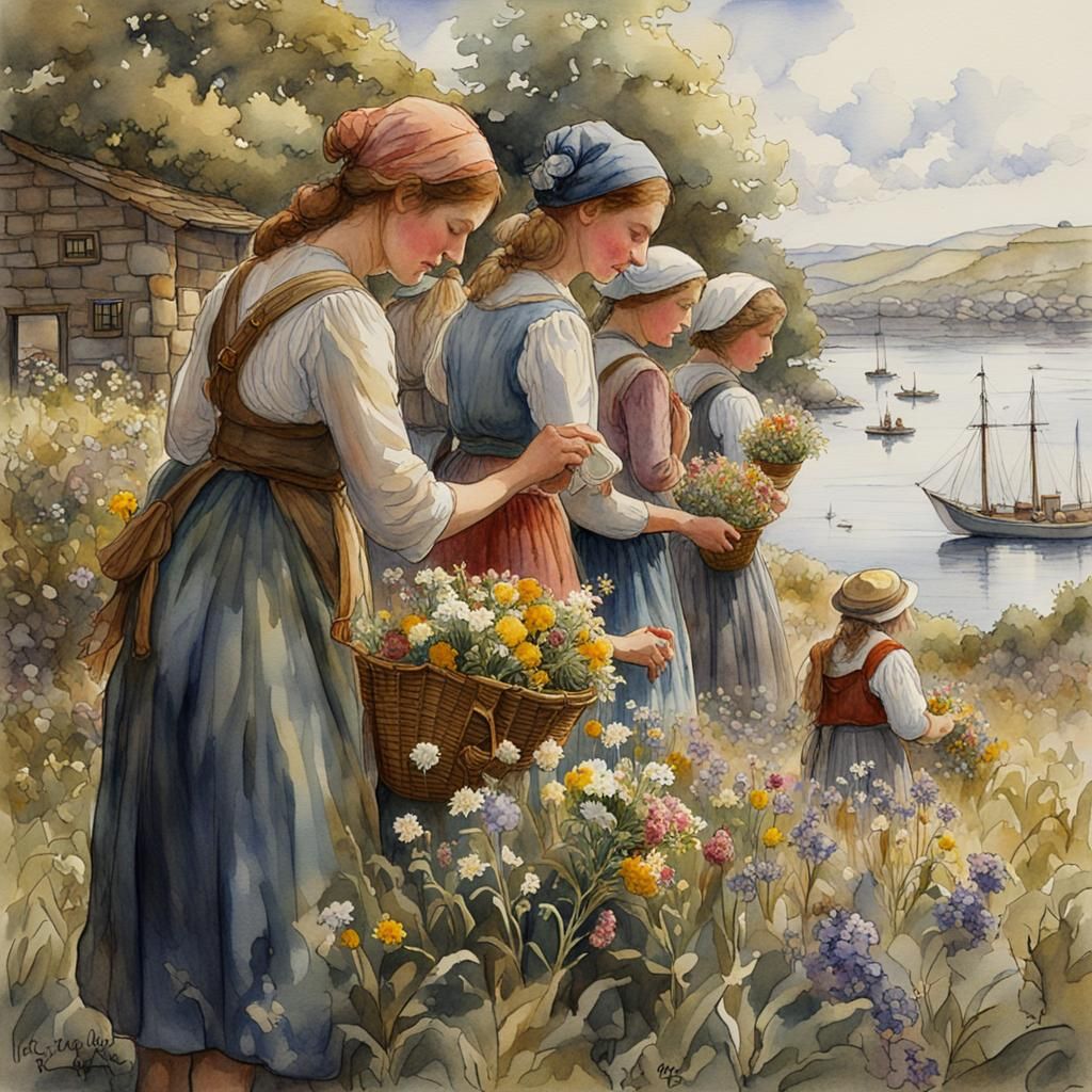 women picking flowers,in the style of Daniel Ridgeway Knight...