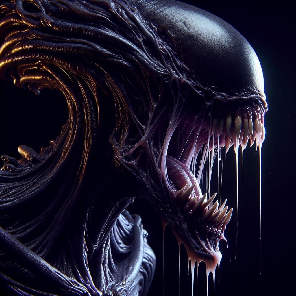 evil xenomorph with no eyes with open mouth sharp teeth drip...