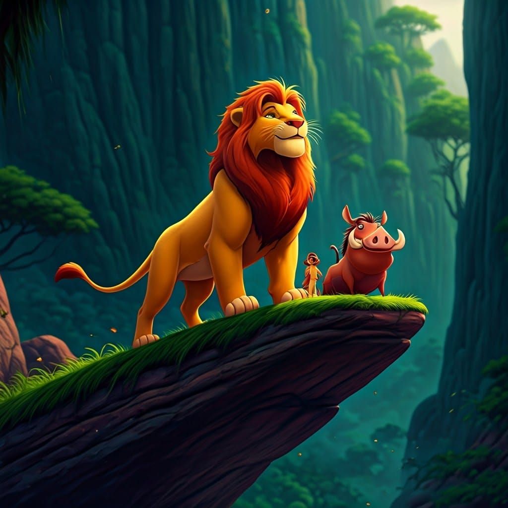 Simba, Timon, and Pumbaa on Pride Rock