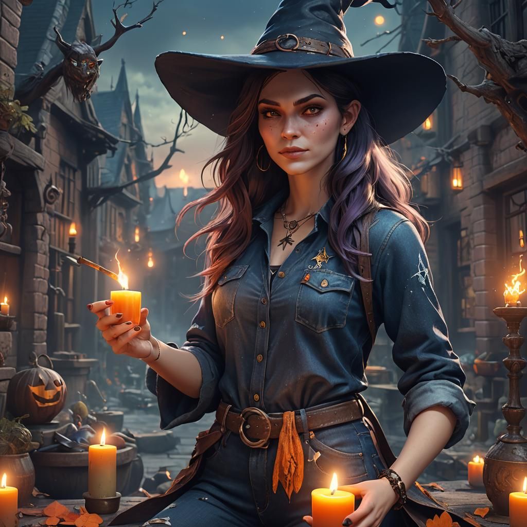 Close-up. MODERN witch. She's doing candle magic (spell work...