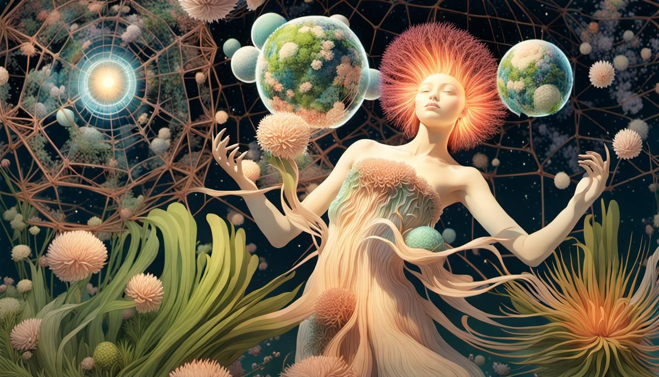 Limit Your Social Media Use in stargazing platform with rotating sphere in motion trapped in flowers mycelium network, i...