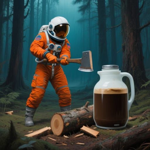  Caffeine spaceman chopping wood in an eerie forest. 