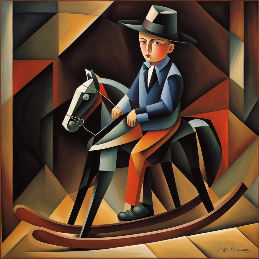 Boy with black hat and rocking horse. In attic.