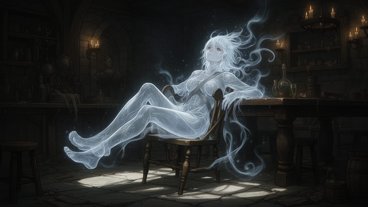 Ethereal Ghost Adventurer in Abandoned Tavern
