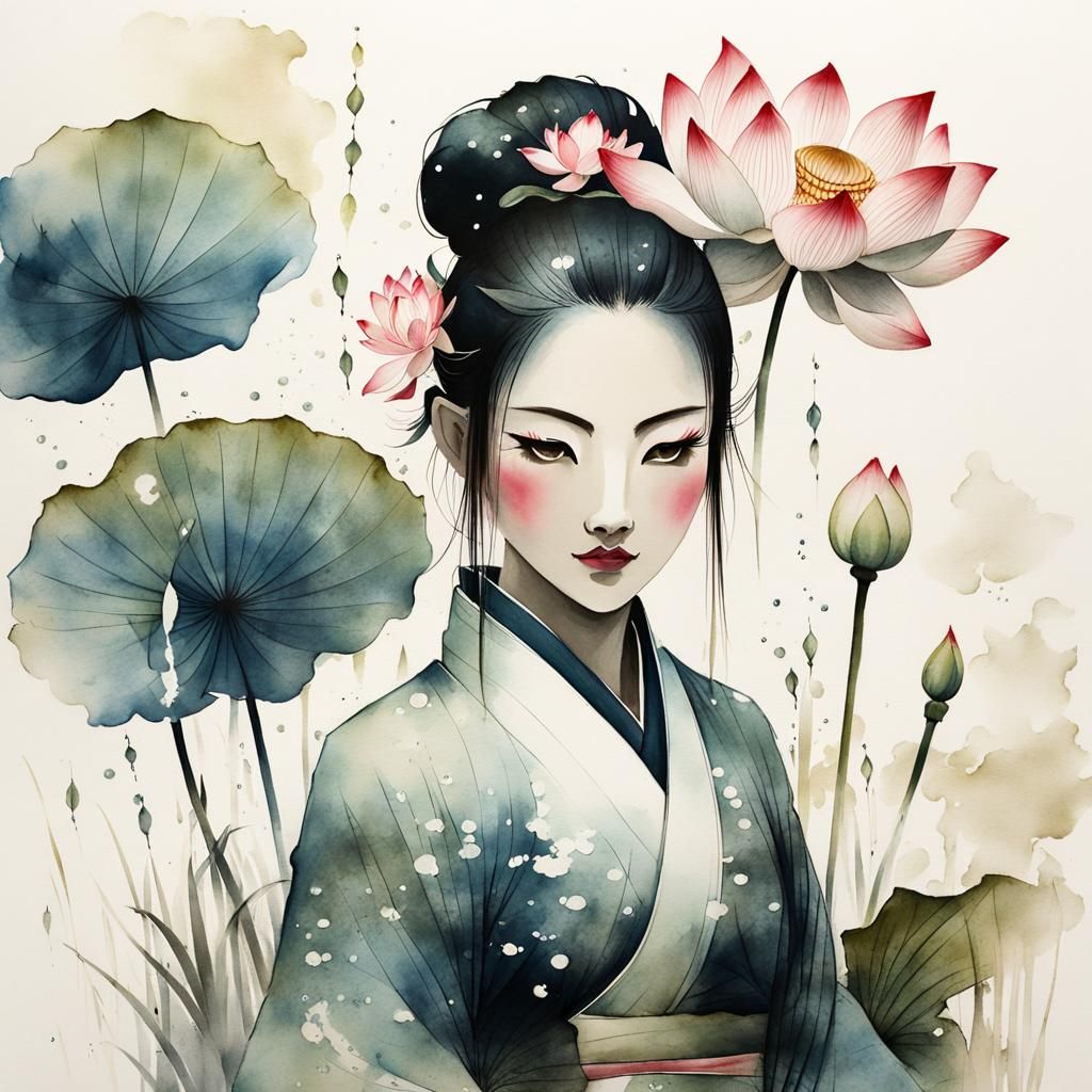 pretty water demon girl, lotus flower bunch, muted chinese ink painting, muted colors, rice paper texture, splash paint....
