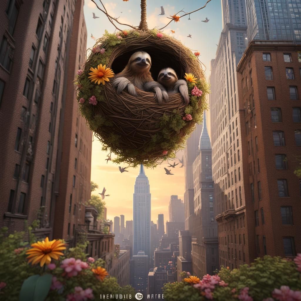 A sloth and it’s mom in front of the Empire State Building