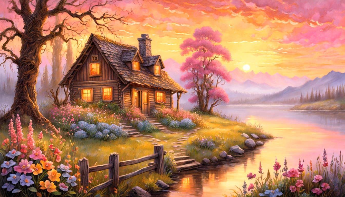 Cozy rustic cabin by a lake, rosy sunset, surrounded by vibrant spring and golden colors, wildflowers, ...  by @Hugo Raul
