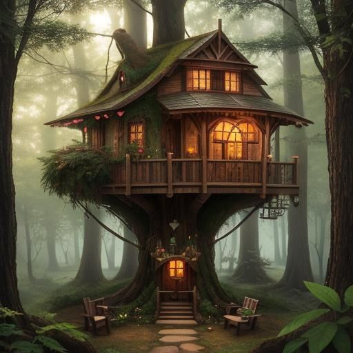 hyperrealistic fantasy valentine tree house, with hearts