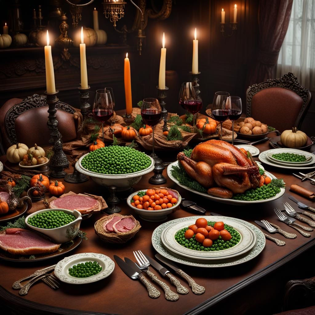 anamorphic Thanksgiving Table, food, peas, glazed carrots, h...