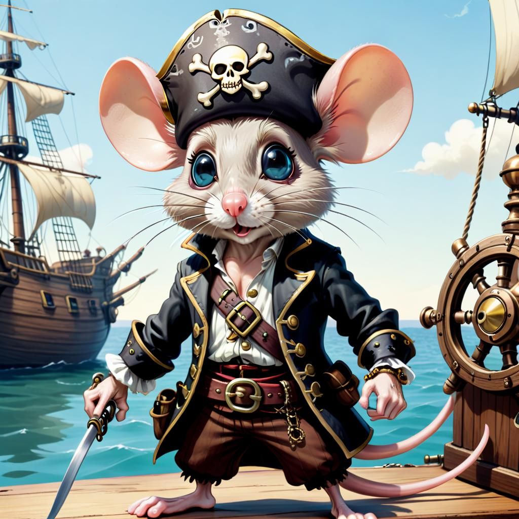(An Anthropomorphic pirate mice with eye patch:1.3). Saylor on the sea. Hanna-Barbera style cartoon, steampunk aesthetic